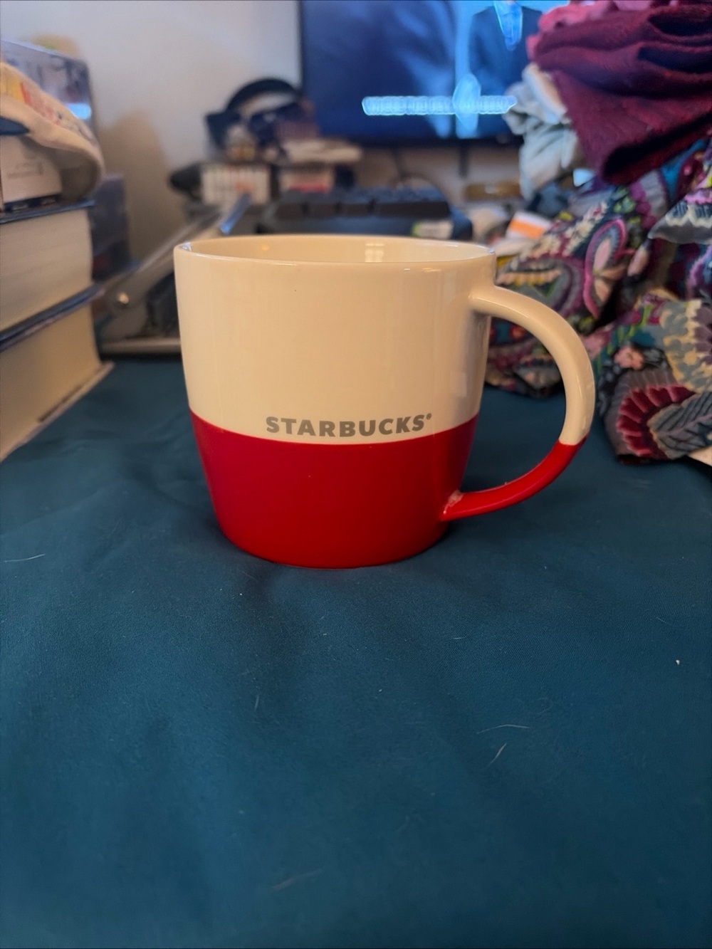 STARBUCKS 2011 White Red 14 oz Coffee Mug Cup Bone China Color Block
